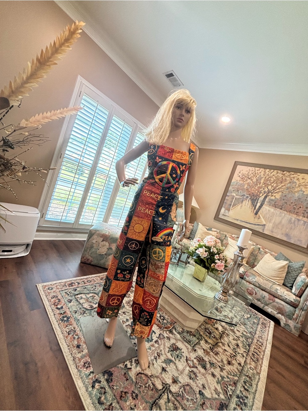 Retro Patchwork Peace-Print Wide Leg Jumpsuit in Multicolor